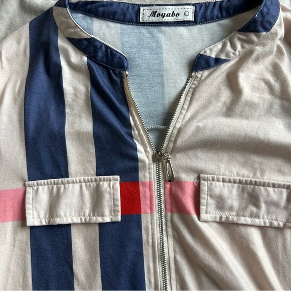 Moyabo Everyday, Business Casual, Normcore Striped 3/4 Sleeve Top with Zipper - Picture 2 of 5
